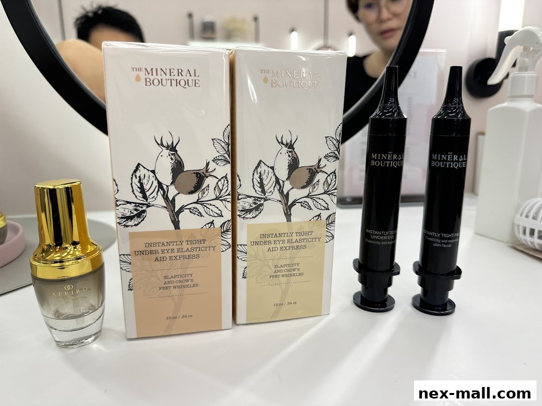 The Mineral Boutique's eye elasticity aid express products are displayed with packaging and applicators.