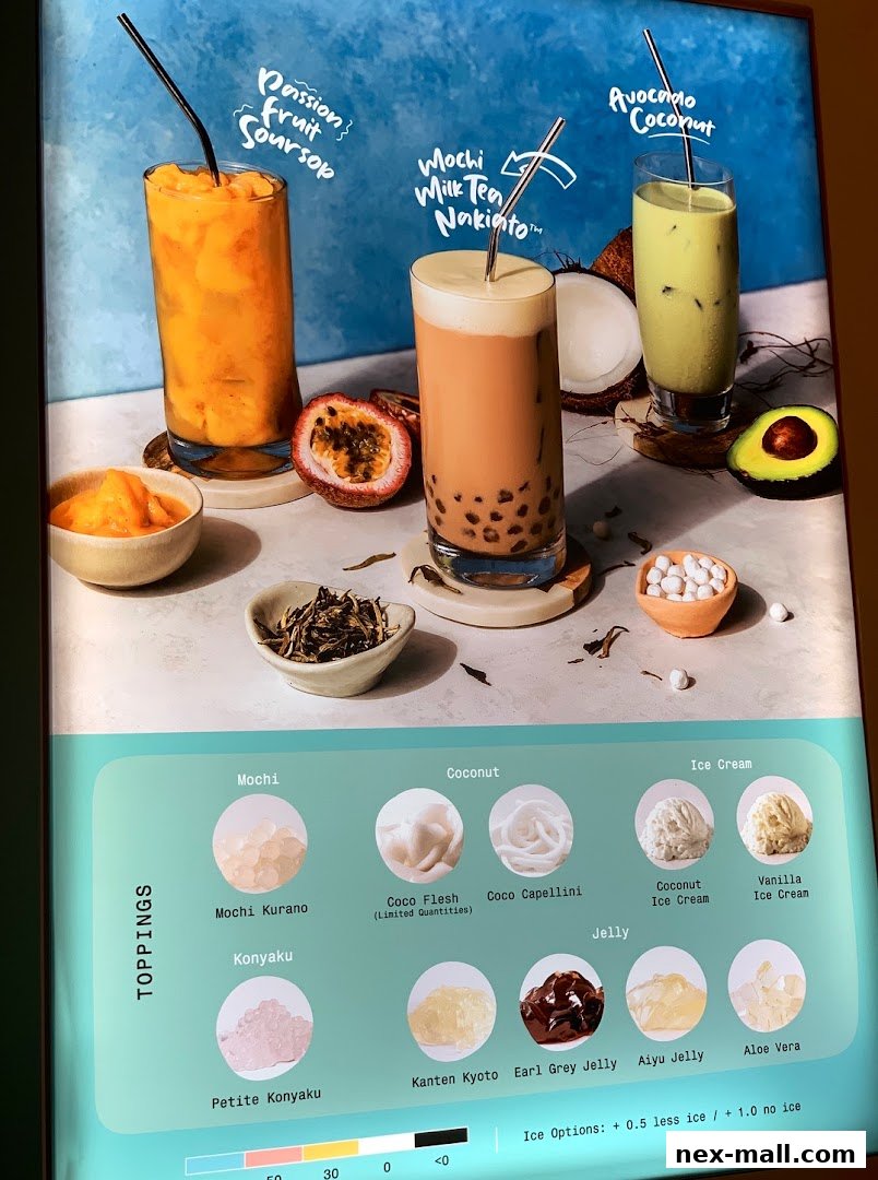 A menu display featuring three signature drinks and various toppings for customization.