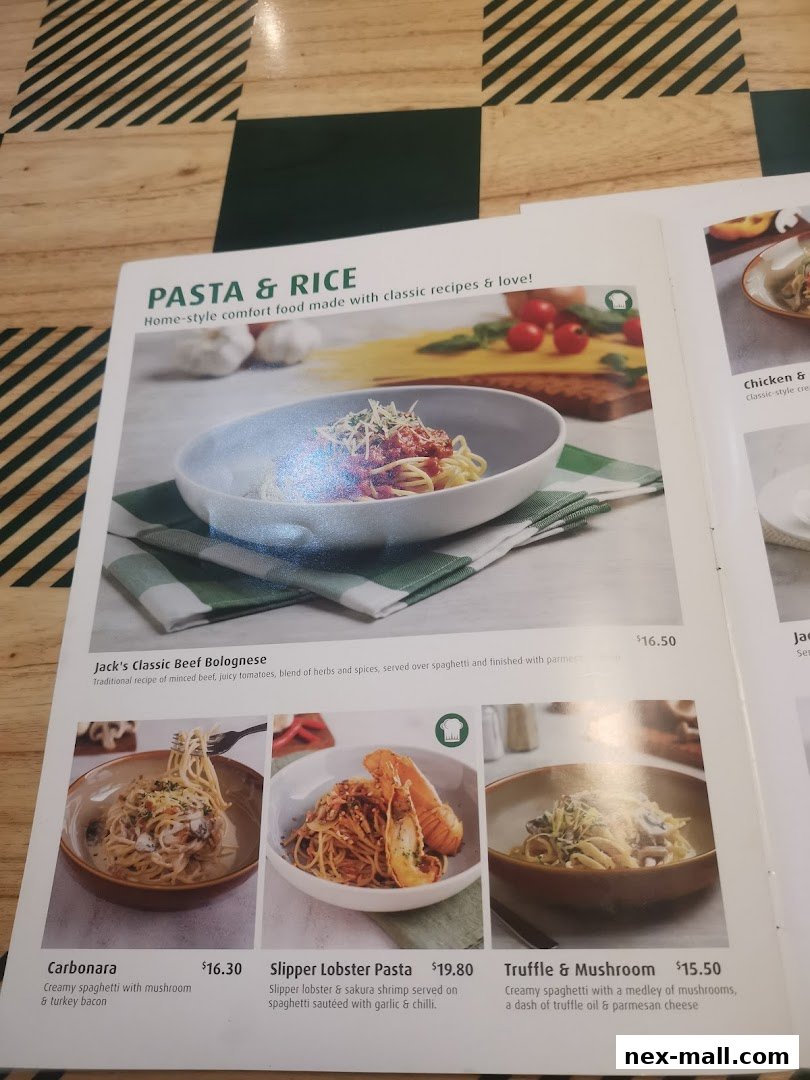A menu page featuring pasta and rice dishes with enticing descriptions and prices.