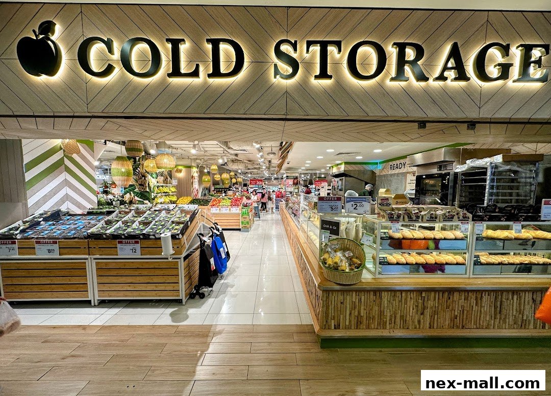 The entrance of a Cold Storage supermarket, showcasing fresh produce and a bakery section.