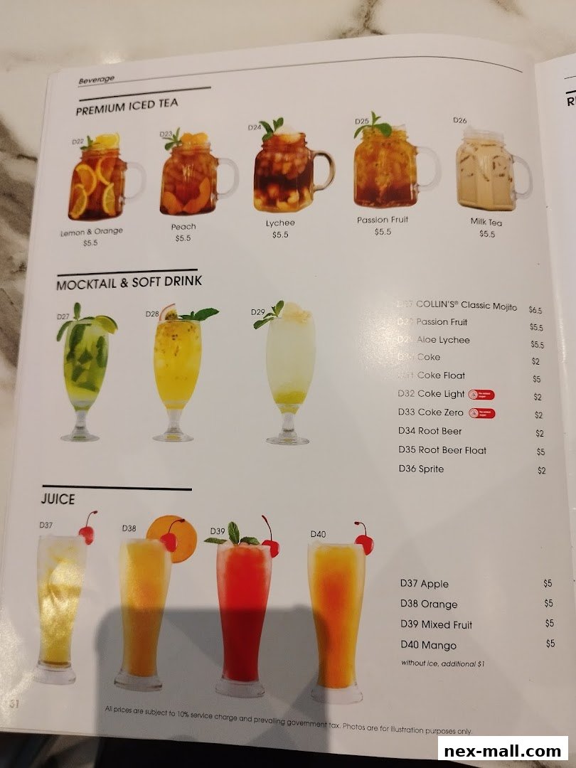 A menu page displaying various beverages including premium iced teas, mocktails, soft drinks, and juices.