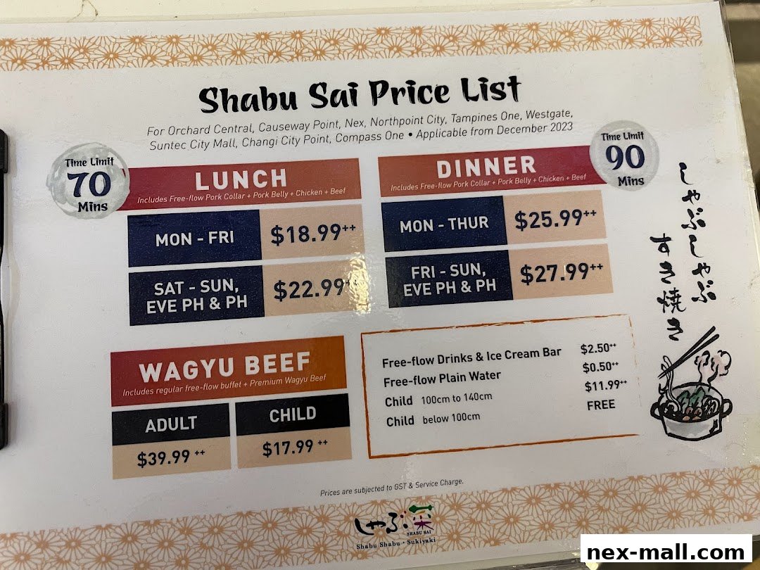 A price list for Shabu Sai, detailing lunch, dinner, and wagyu beef options with prices.