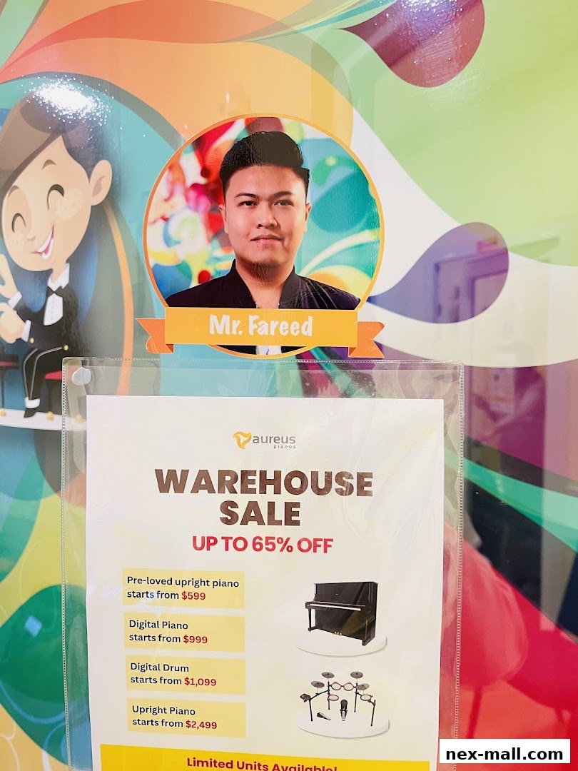 Aureus Pianos warehouse sale featuring pianos and drums with prices and discounts.