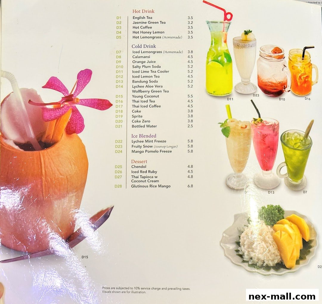 A menu featuring a variety of Thai drinks and desserts with vibrant images.