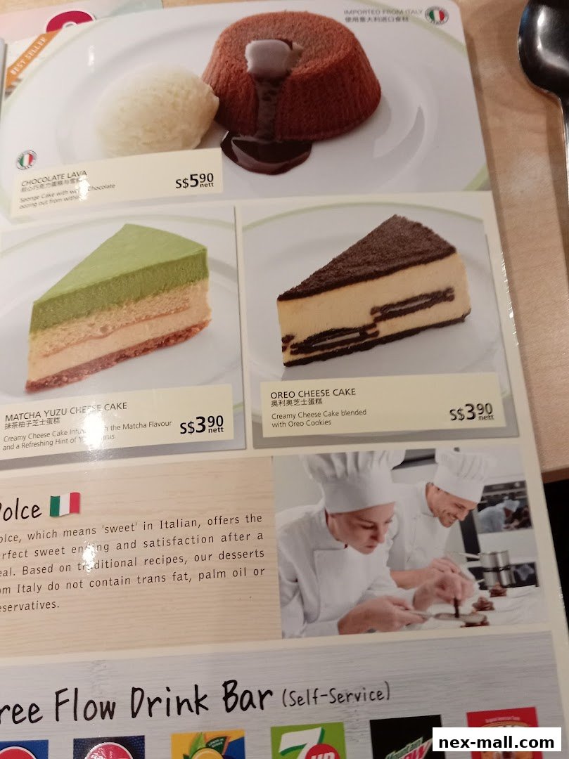 A menu featuring desserts like chocolate lava cake, matcha yuzu cheesecake, and Oreo cheesecake.