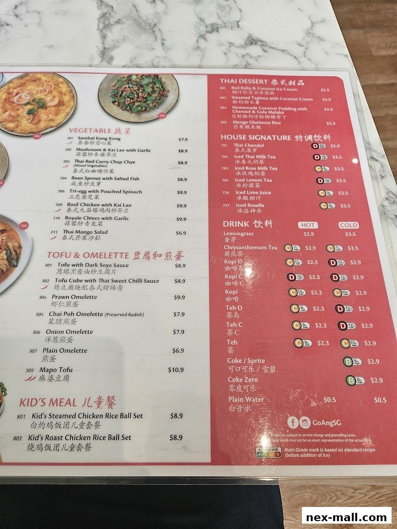 A menu for Go-Ang Pratunam Chicken Rice featuring Thai desserts, vegetable dishes, tofu and omelettes, kids' meals, and drinks.