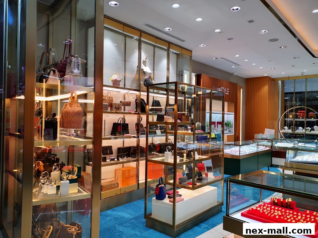 Interior view of a luxury retail store showcasing handbags, jewelry, and accessories.