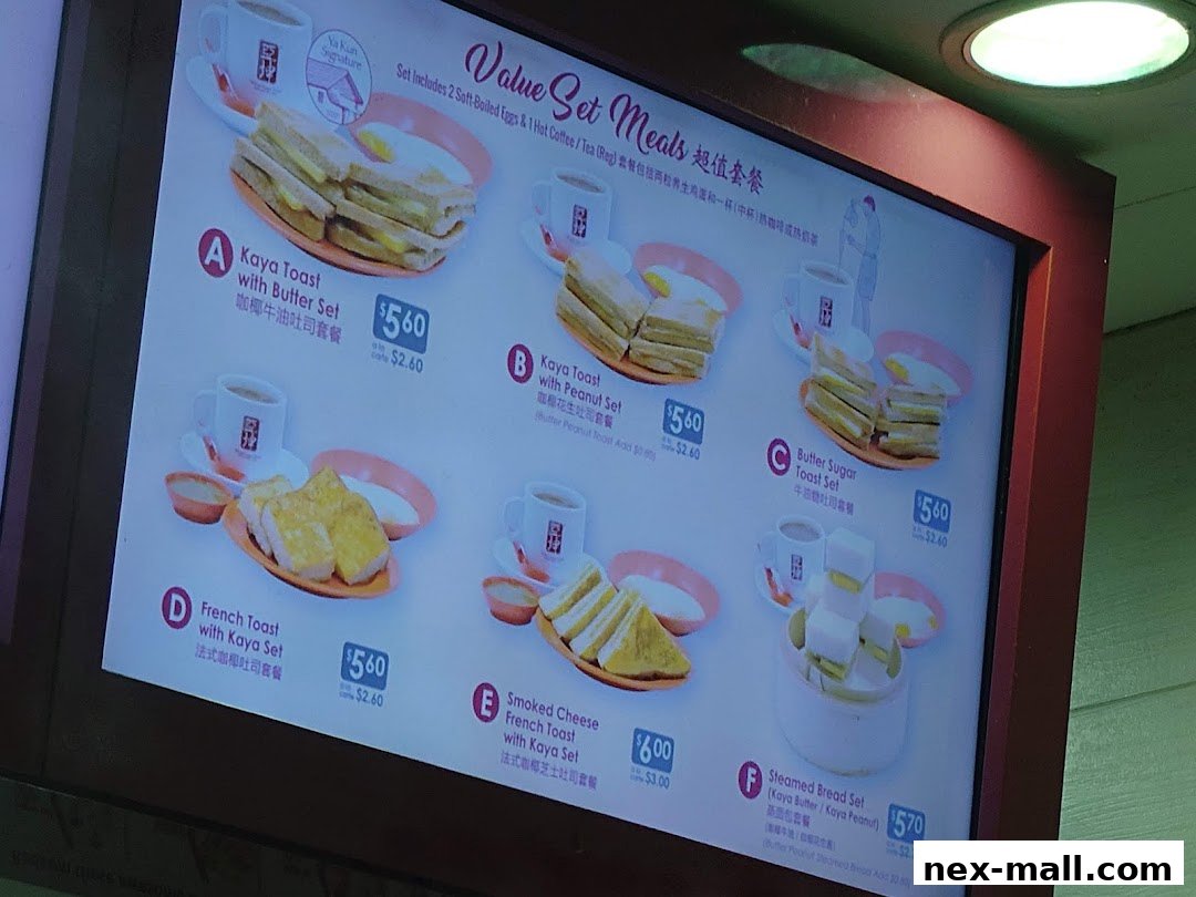 A menu board displaying various value set meals from Ya Kun Kaya Toast.