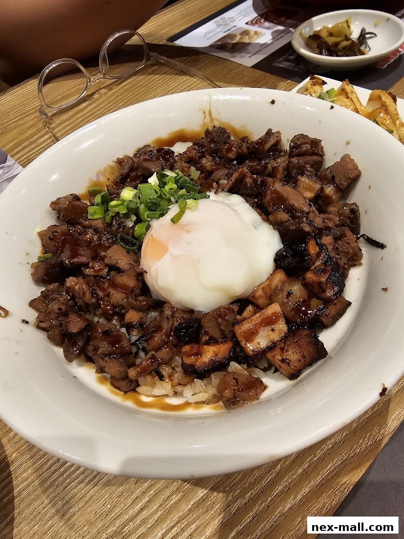 A close-up of a Japanese rice bowl topped with meat, a soft-boiled egg, and green onions.