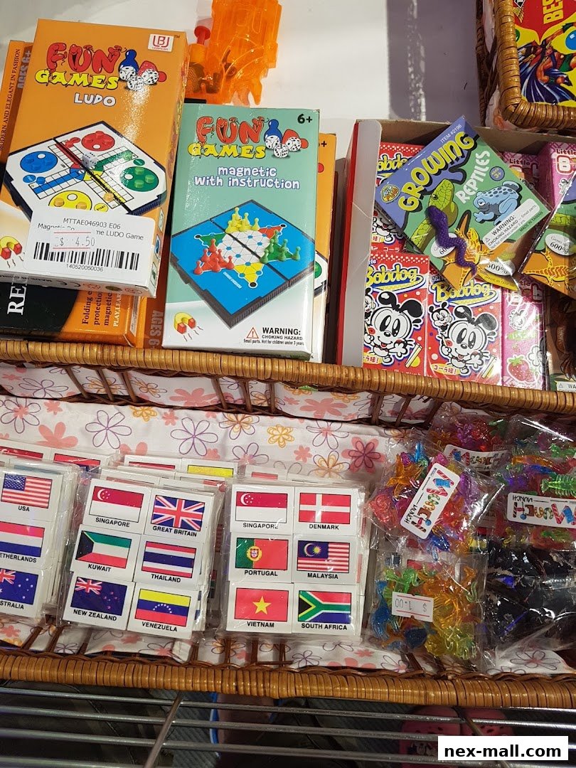 A display of various games and novelty items, including board games and flag stickers.