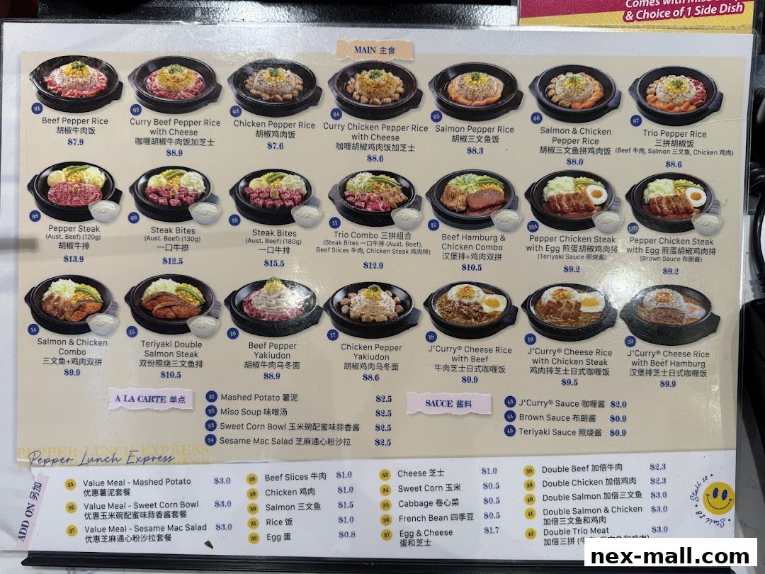 A menu from Pepper Lunch Express showcasing various rice and noodle dishes with prices.