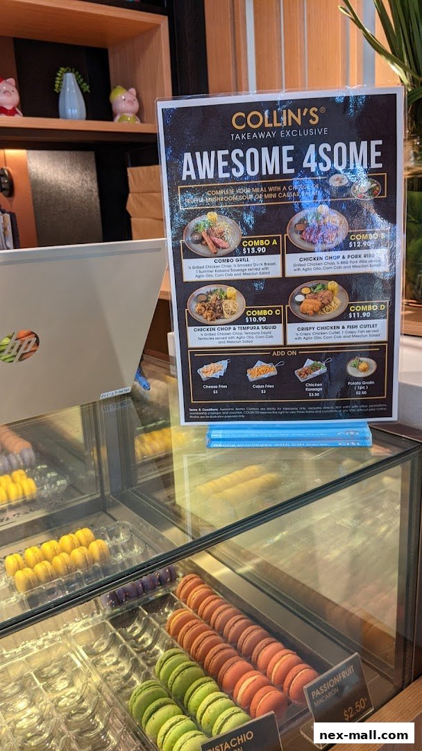 A menu for COLLIN'S TAKEAWAY EXCLUSIVE featuring 'Awesome 4some' combos and add-ons.