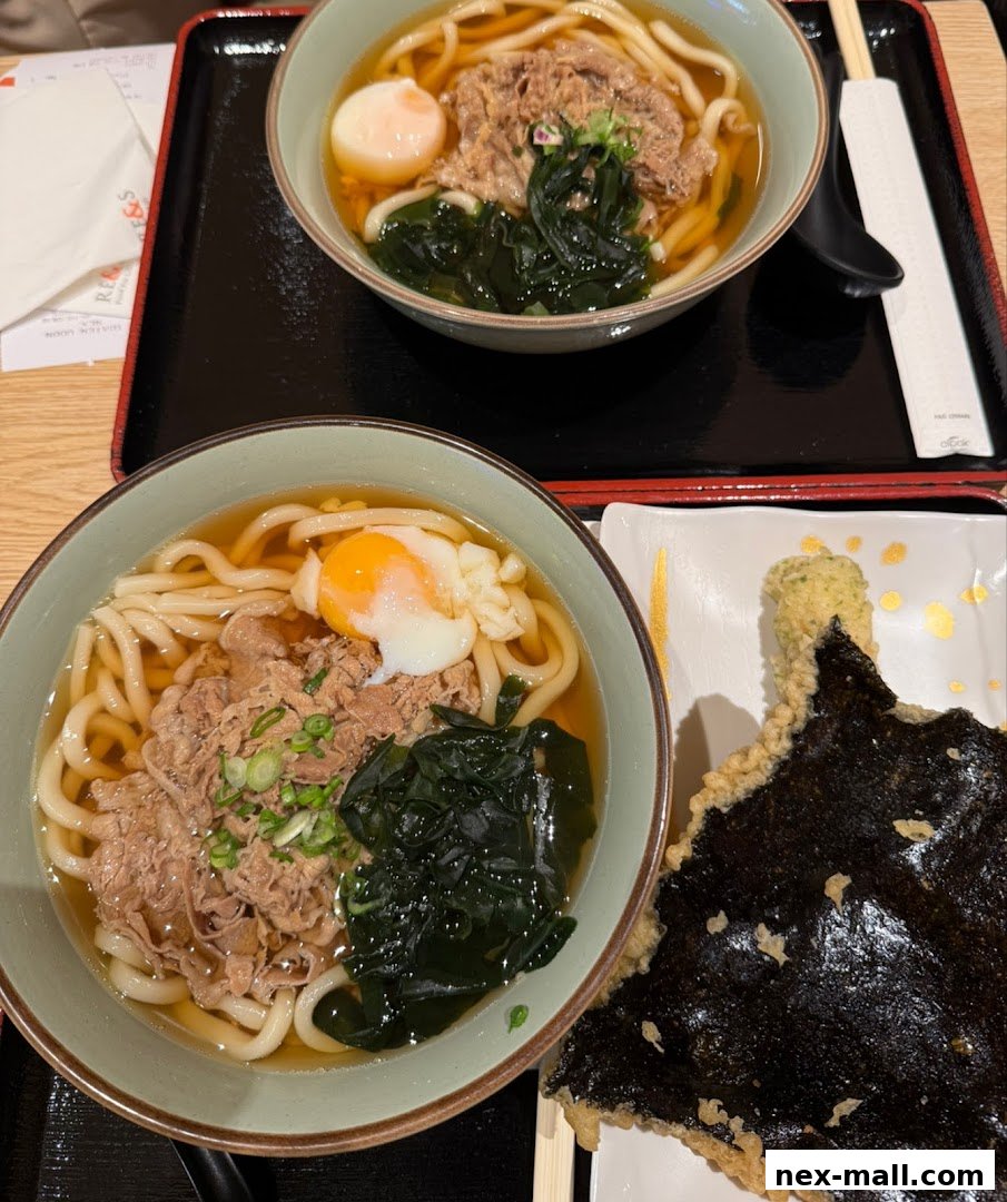 Two bowls of udon noodles with beef, seaweed, and a soft-boiled egg, served with tempura.