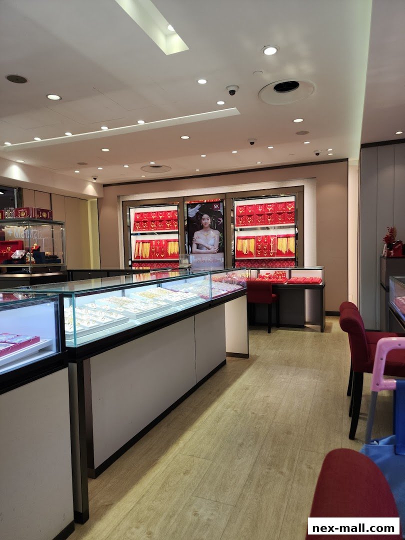 Interior view of a jewelry store with display cases filled with necklaces and rings.