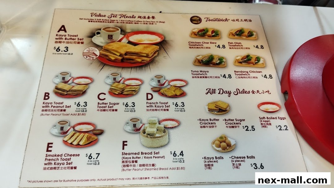 A menu from Ya Kun Kaya Toast featuring value set meals, toastwiches, and all-day sides with prices.