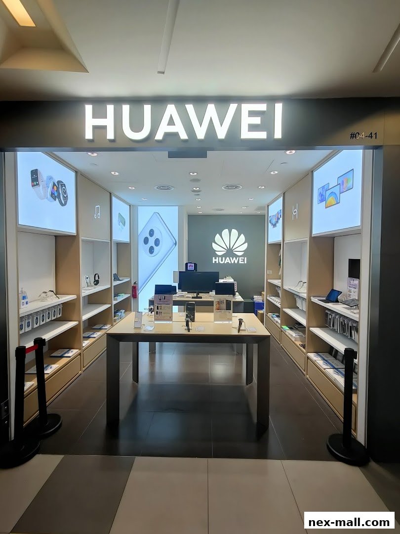 The entrance to a Huawei Concept Store showcasing various Huawei products and branding.