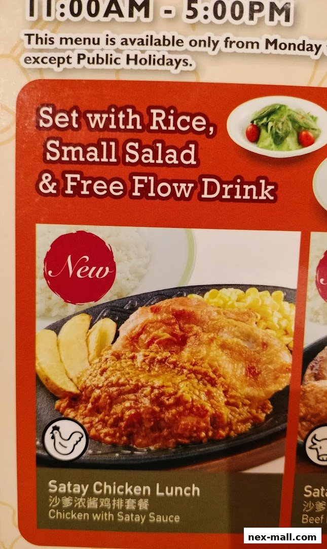 A menu item featuring Satay Chicken Lunch with rice, salad, and a free-flow drink.
