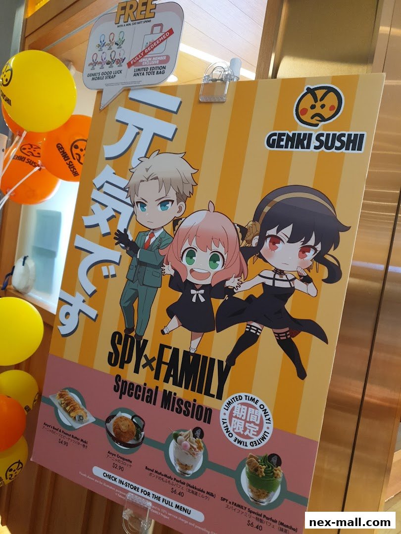 A promotional poster for Genki Sushi featuring Spy x Family characters and special menu items.