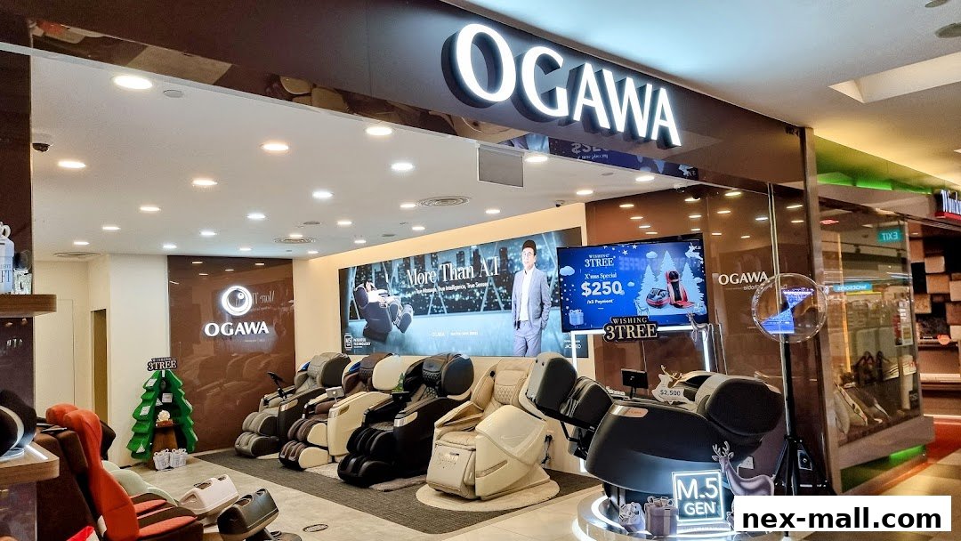 OGAWA shop interior showcasing various massage chairs and promotional displays.