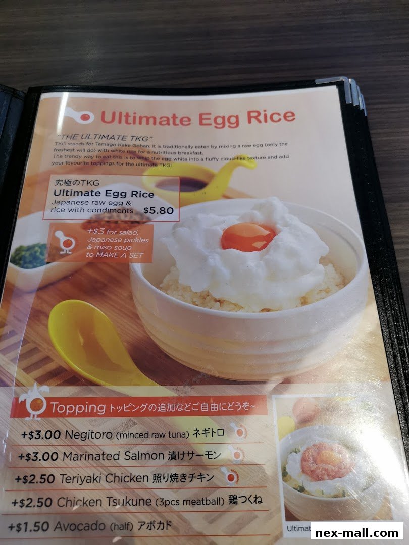 A menu page showcasing the Ultimate Egg Rice with various topping options and prices.
