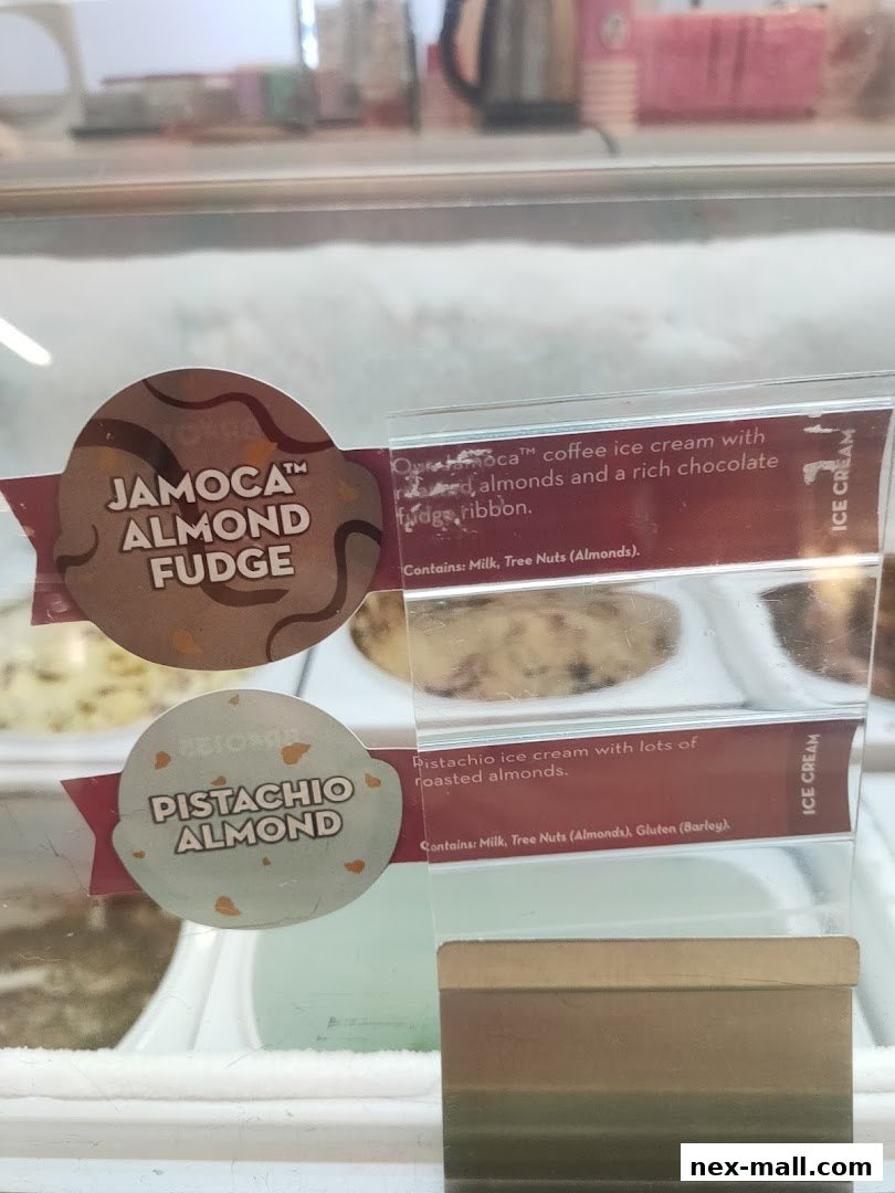 Close-up of ice cream flavors Jamoca Almond Fudge and Pistachio Almond in a display case.