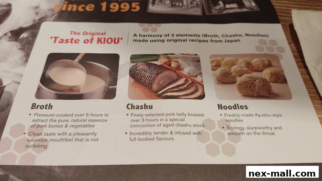 A menu highlighting the three key elements of Ramen Kiou: Broth, Chashu, and Noodles.