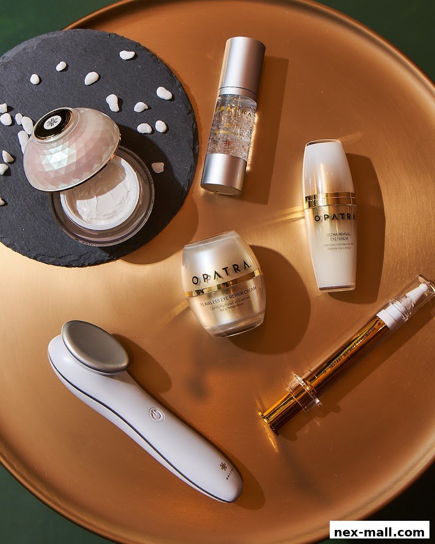 A collection of luxury skincare products and a beauty device arranged on a decorative tray.