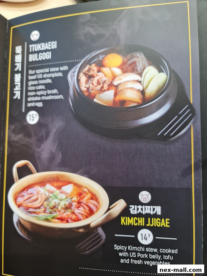 A menu featuring two Korean stews: Ttukbaegi Bulgogi and Kimchi Jjigae.