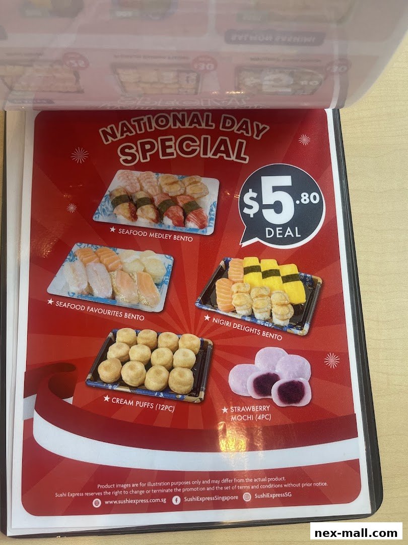 A menu page from Sushi Express featuring a National Day Special deal with various bento boxes and desserts.