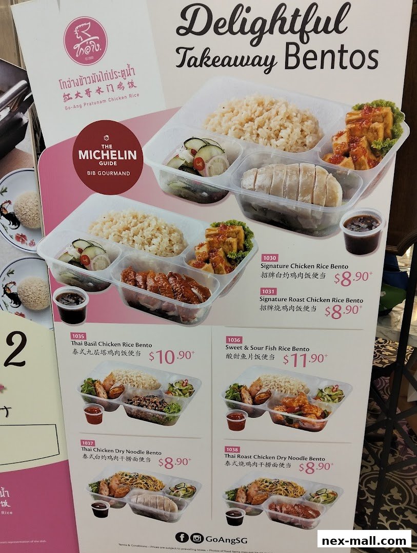 A menu showcasing various takeaway bento boxes from Go-Ang Pratunam Chicken Rice.