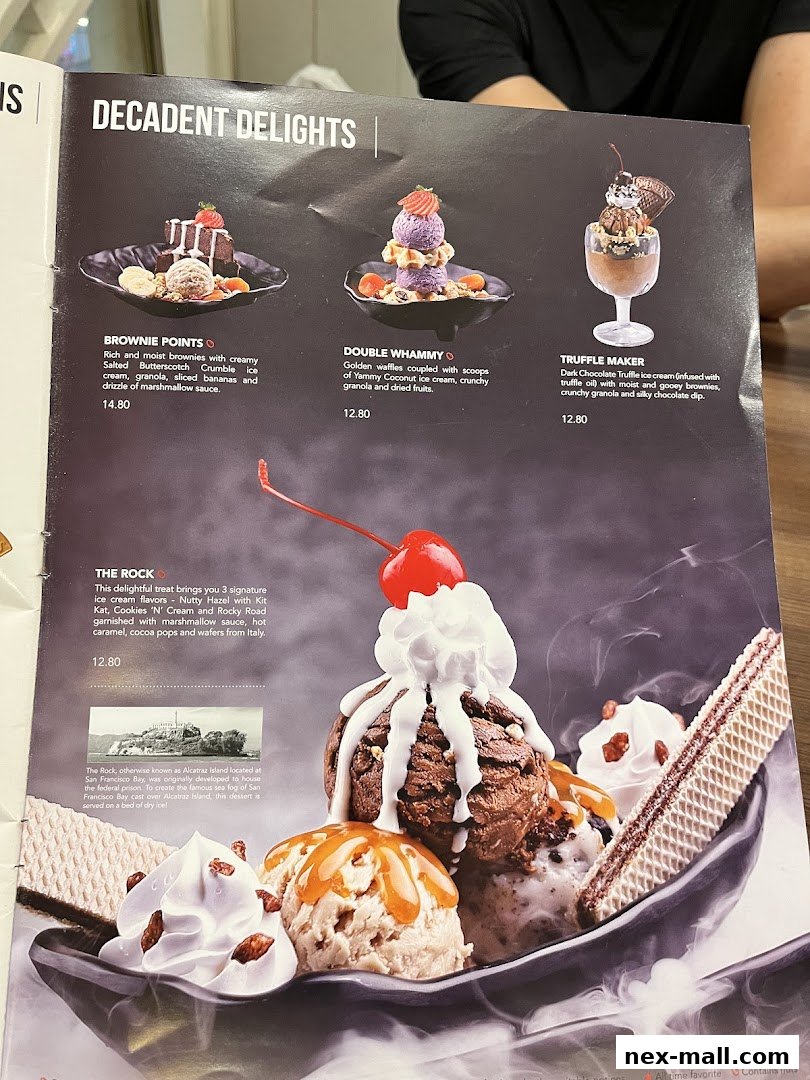A menu page showcasing decadent ice cream desserts with detailed descriptions and prices.
