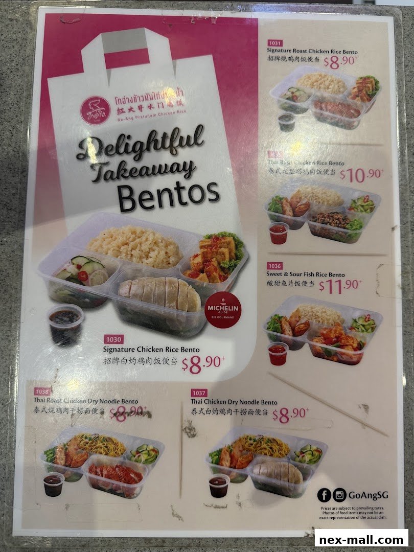 A menu showcasing various bento boxes from Go-Ang Pratunam Chicken Rice.