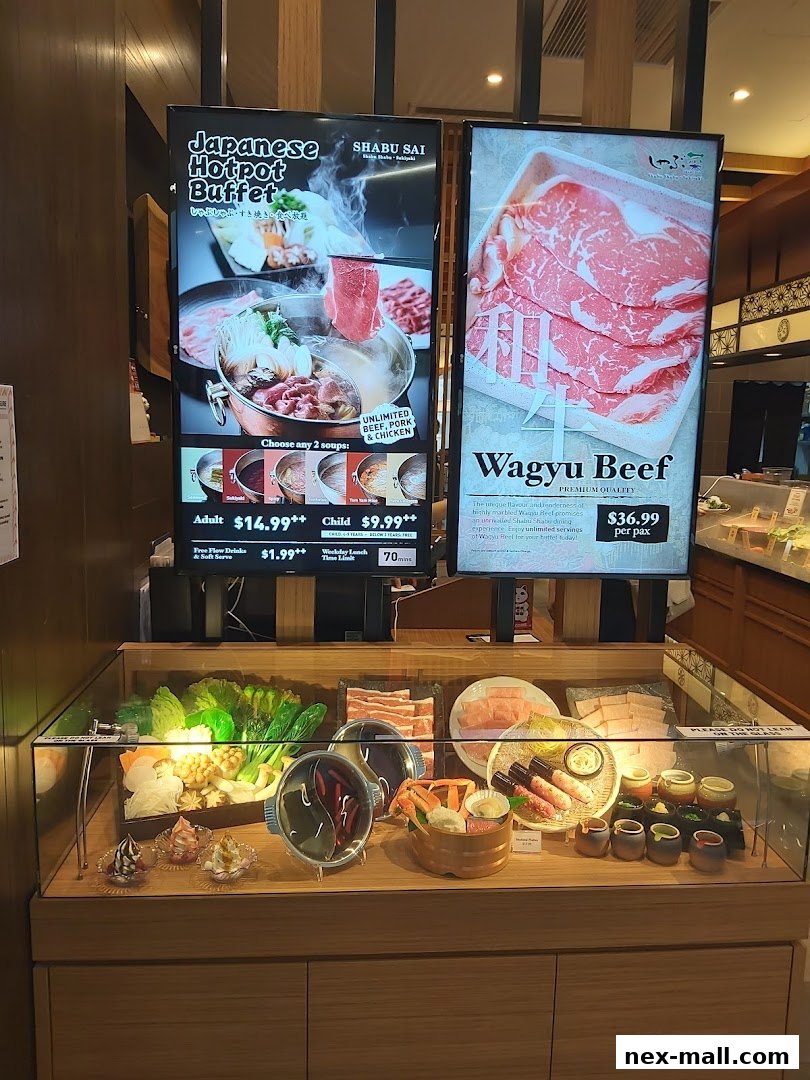 Shabu Sai displays its Japanese Hotpot Buffet and Wagyu Beef offerings with vibrant visuals and pricing.