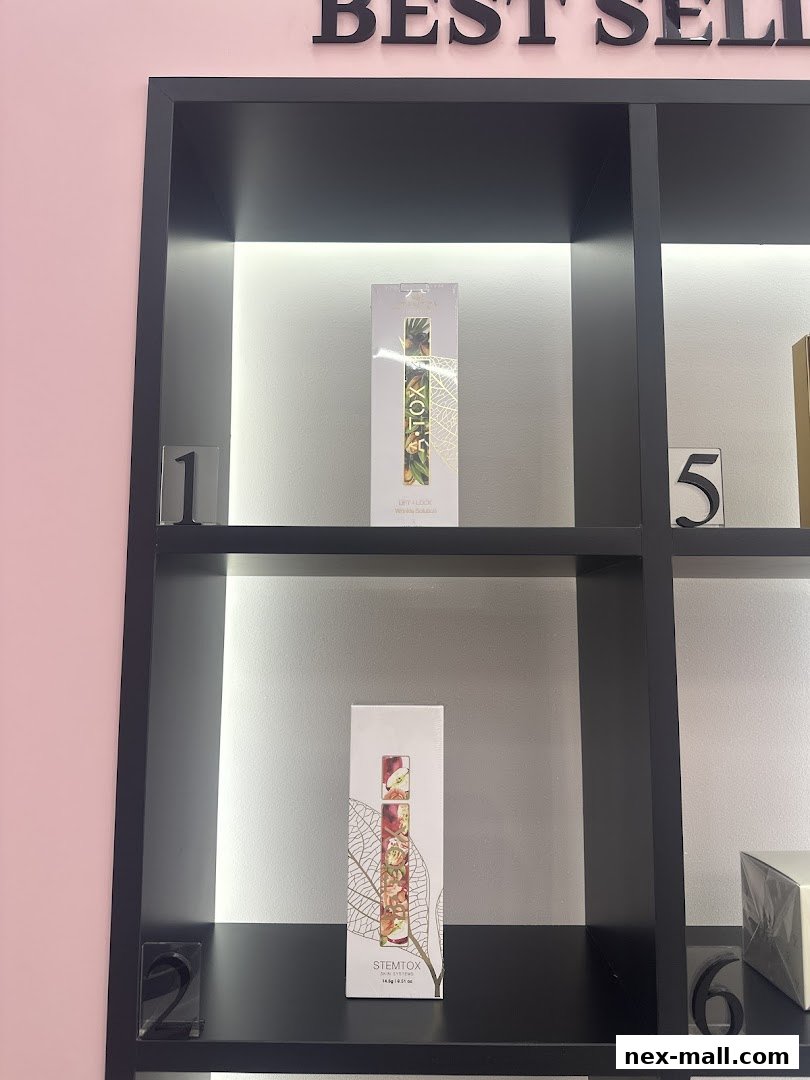 Shelves display products with botanical designs and numbers.