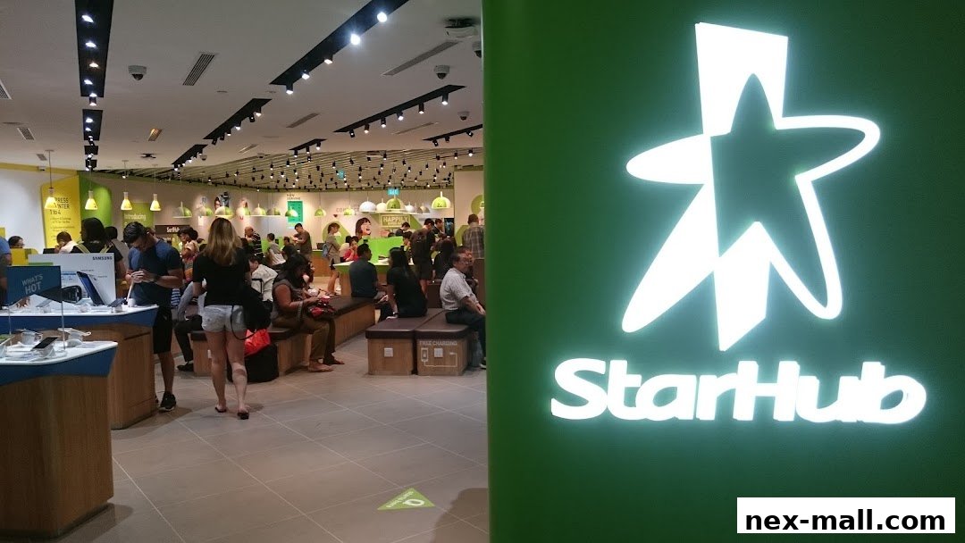 Interior of a busy StarHub store with customers browsing and staff assisting.
