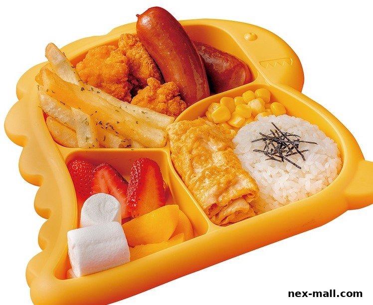 A colorful and fun kids' meal served on a dinosaur-shaped plate.