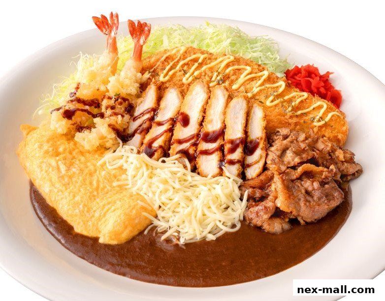 A delicious Japanese curry dish with chicken katsu, tempura shrimp, beef, and omelet.