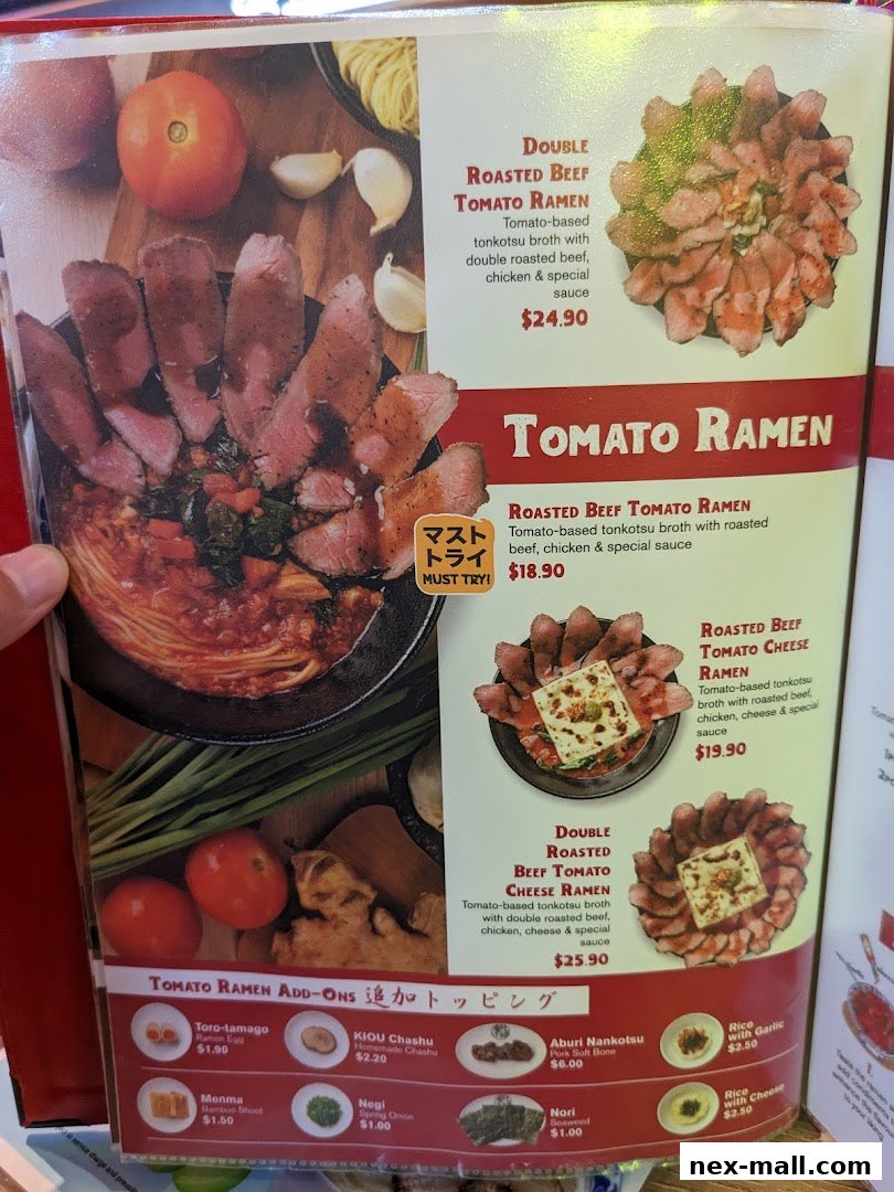 A menu featuring various tomato-based ramen dishes with roasted beef and add-ons.