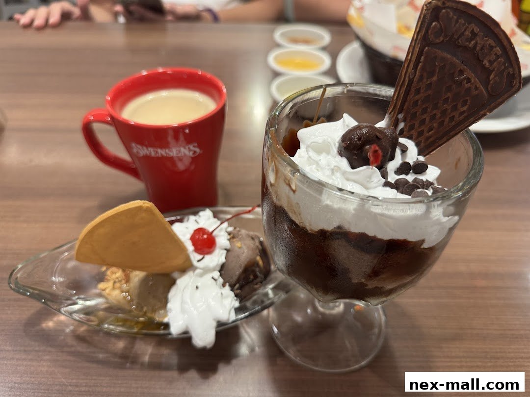 A delicious chocolate sundae and a cup of coffee from Swensen's.