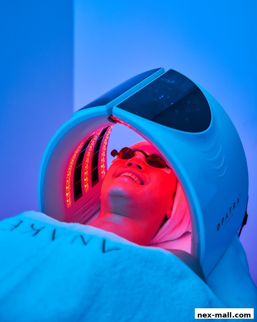 A person lies down with protective eyewear, undergoing a red light therapy facial treatment.