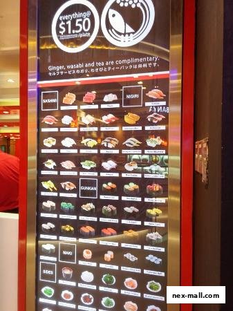 A menu board displaying various sushi items, each priced at $1.50 per plate.