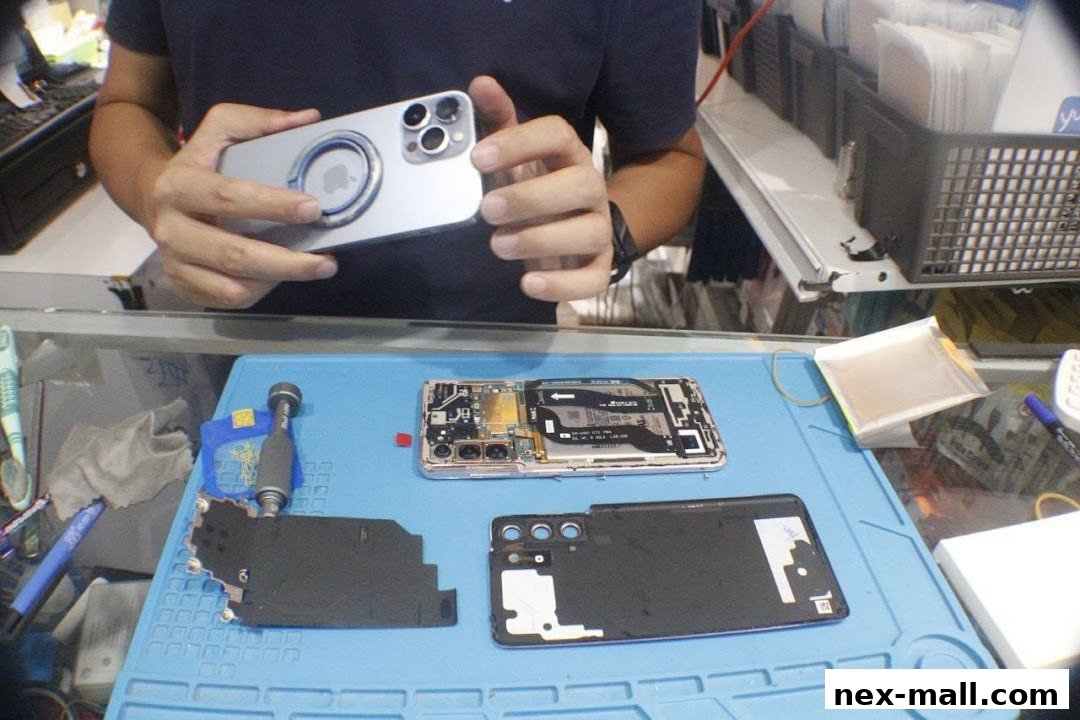A technician is repairing a smartphone, showing its internal components and disassembled parts.