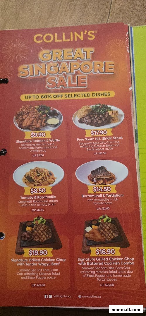 A menu from COLLIN'S featuring a 'Great Singapore Sale' with discounted dishes.
