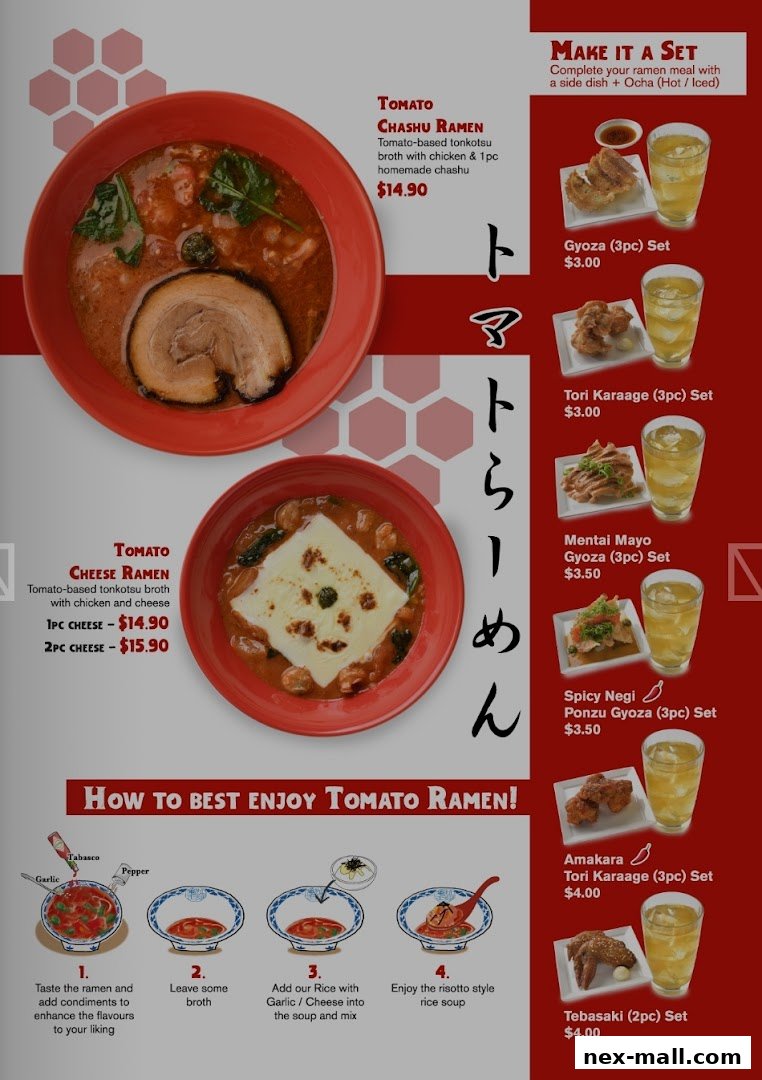 A menu showcasing various ramen dishes and side sets with prices.