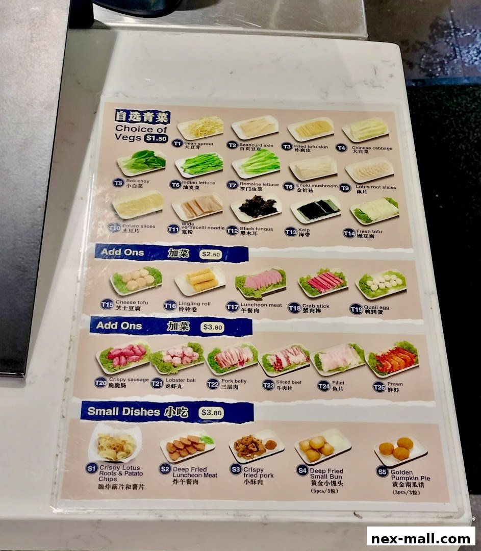 A menu displaying various choices of vegetables, add-ons, and small dishes with prices.