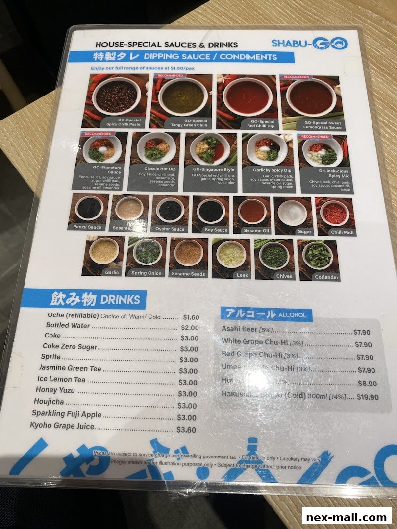 A menu for SHABU-GO featuring dipping sauces, condiments, and drinks with prices.