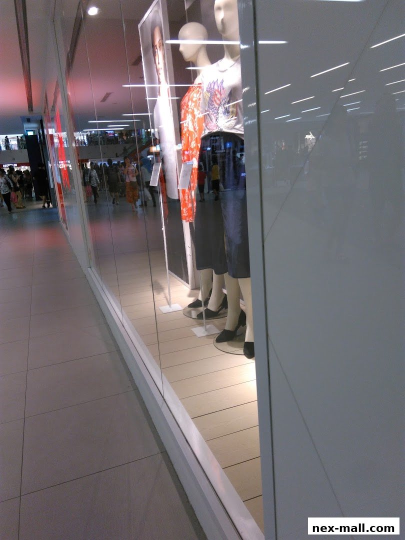 Mannequins in a shop window displaying fashionable clothing, with reflections of shoppers in the background.