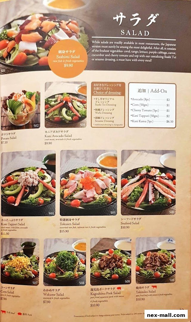 A menu page showcasing various sushi and salad dishes with prices and descriptions.