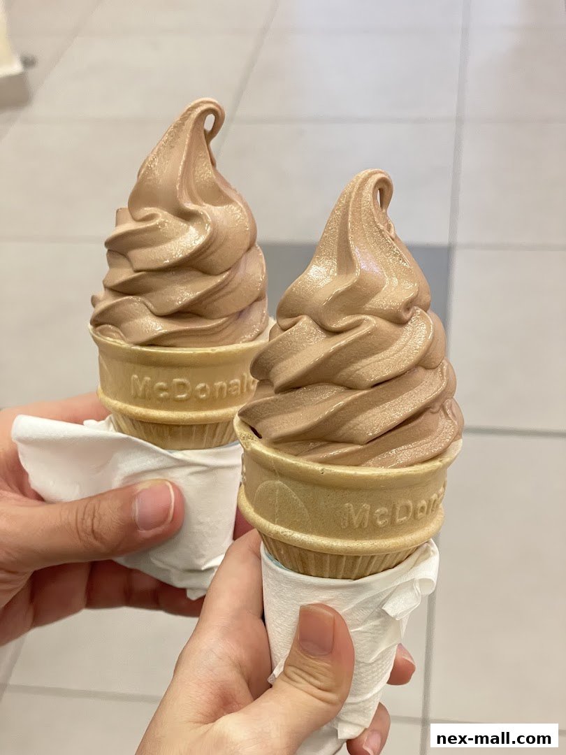 Two chocolate soft-serve ice cream cones held by hands.