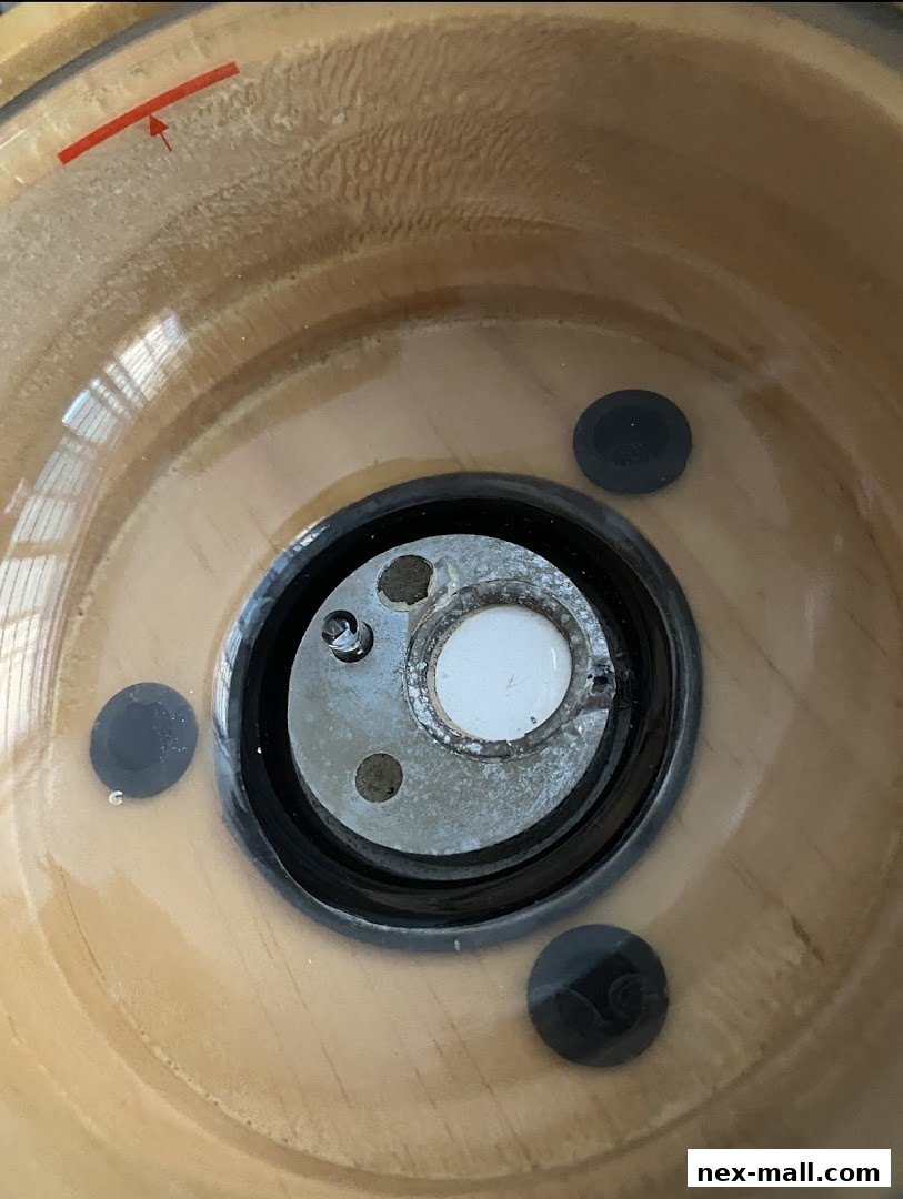 Close-up view of the internal mechanism of a diffuser, showing a metal component and black pads.